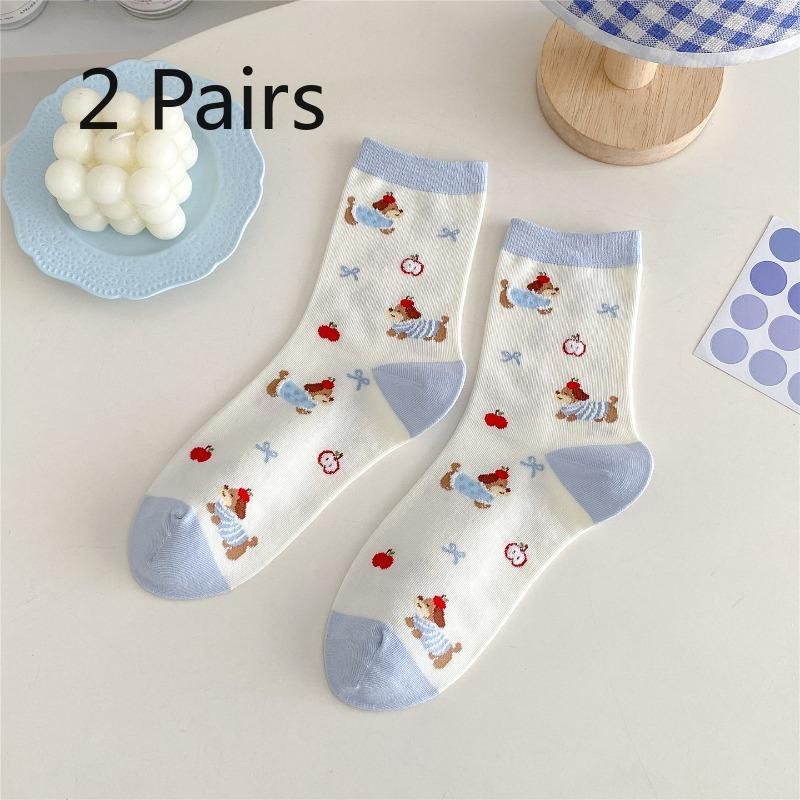 2 Pairs of Autumn Socks - Short Socks for Children, Trendy and Versatile, Cute Sausage-shaped Dog, Sweet Student Cotton Socks, Long Socks