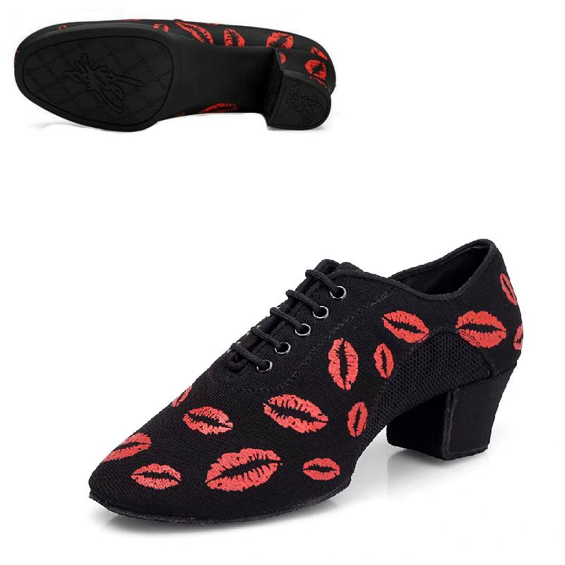Lip Print Latin Dance Shoes Women Oxford NET Cha Cha Dance Shoes Ballroom Dancing Shoes Mesh Sneakers Canvas Square Shoe Woman