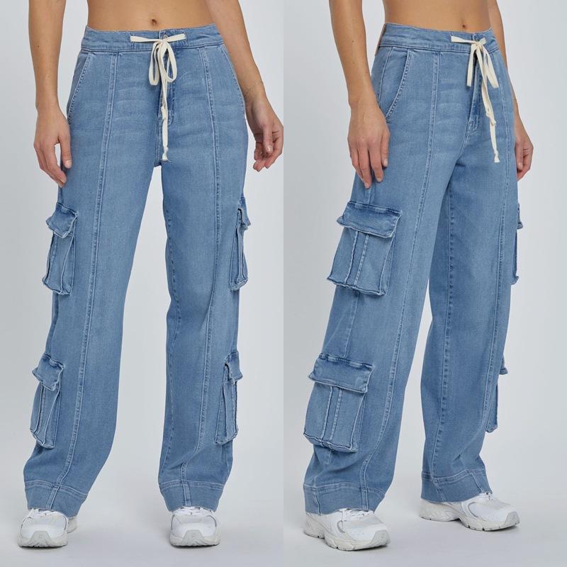 2026 Spring New Street Style Washed Cargo Pants for Women, Multi-Pocket Wide-Leg Tie-Waist Women's Jeans
