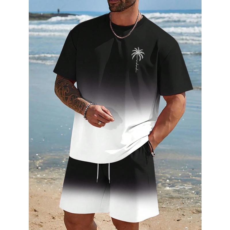 Herren Kurzarm Set Farbverlauf Print T-Shirts Shorts mit Kordelzug Urlaubsstrand Kurzarm Oberteil Shorts Zweiteiliges Set