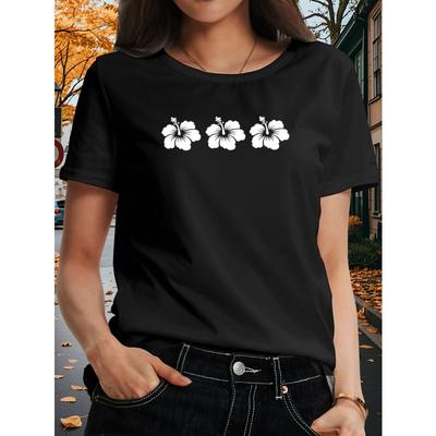 Damen Rundhals Kurzarm T-Shirt Hawaiianische Hibiskusblume Print Locker Lässig Strandkleidung Sommerparty Frühling Urlaub Mode Oberteil