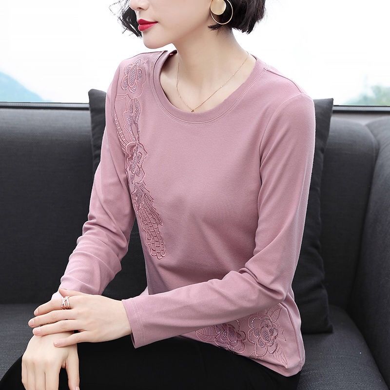 Fashion Embroidered Solid Long Sleeve T-shirt Women Simple All-match Commute Female Diamonds O-Neck Pullovers Tops