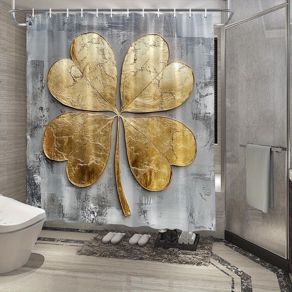 

Vintage Rustic Golden Four-Leaf Clover Shower Curtain - Textured Golden Leaves On Distressed Gray, Elegant Bathroom Decor W60H190(CM)-1 Pcs