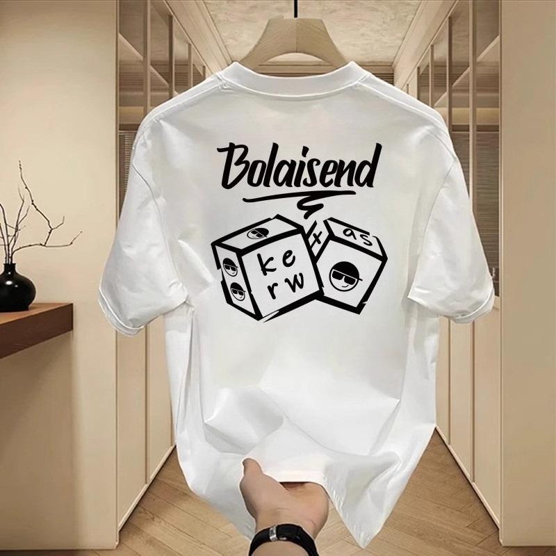 Summer Round Neck Letter "Bolaisend" and Dice Graphics Printed Top Fashionable Casual Pure Cotton Short Sleeved Men's T-shirts
