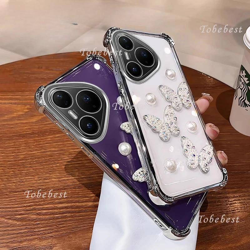 3D Perleťový Motýl Nárazuvzdorný Pokovený Silikonový Kryt pro Huawei Pura 80 70 Ultra P60 P50 P40 P30 Lite Pro Průhledný Zadní Kryt