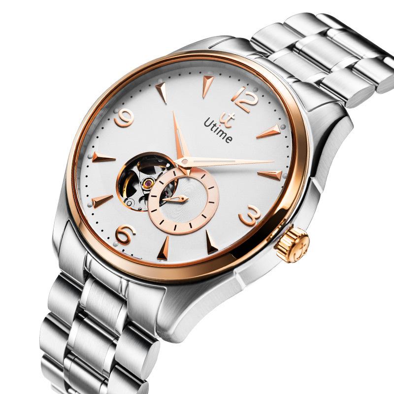 Utime High-End Watches Mechanical Men'S Waterproof Watches Business Luminous Solid Steel Belt Hollow Men'S Watches