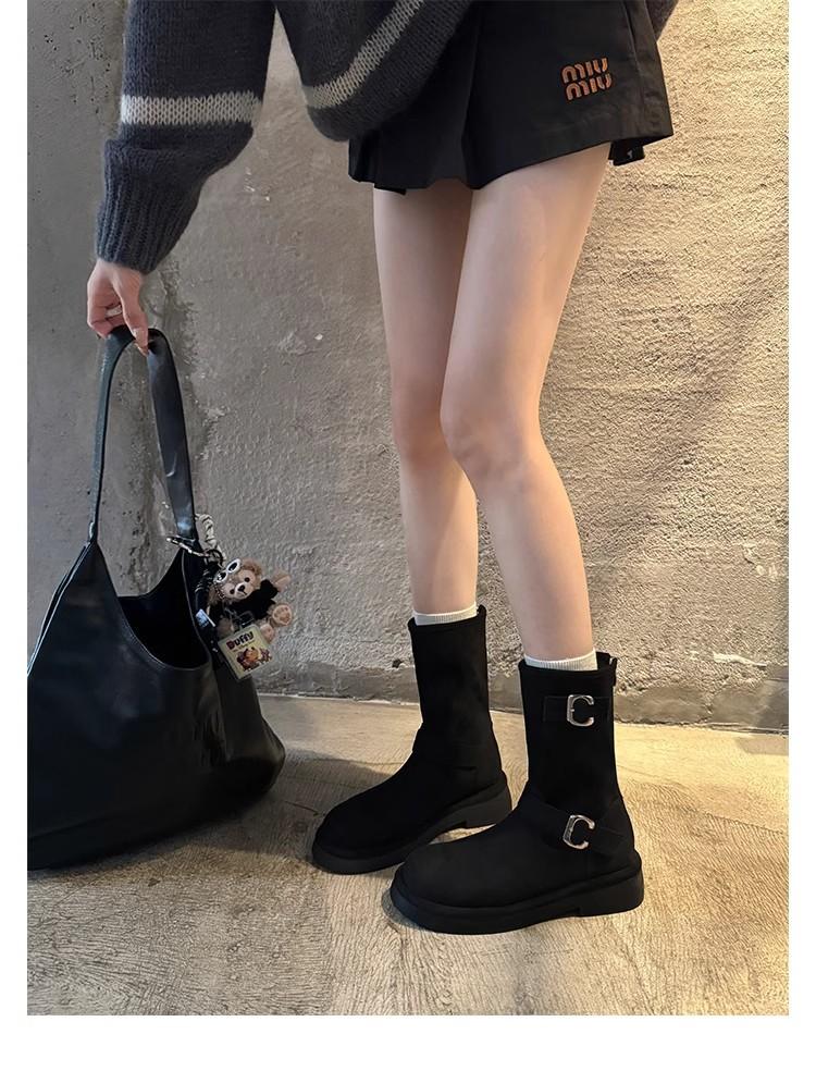 Spot Second Hair! Grape Mother Same Shoes Retro Locomotive Buckle with Round Head Thick Sole Heightening Medium Tube Short Boots Autumn and Winter Wom