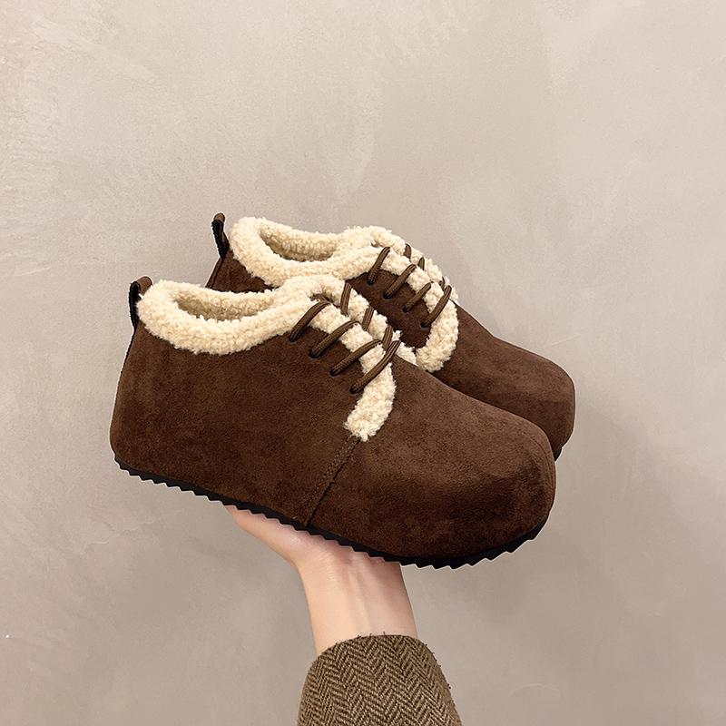 Fashion Winter New Flat Shoes Women's Fashion Round Head Suede Front Lacing Soft Sole Anti-slip Wear-resistant Low-top Shoes