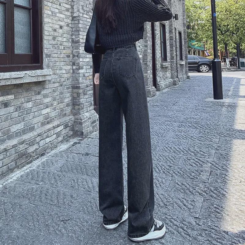 High-Waisted Black & Gray Wide-Leg Jeans - Adjustable Multi-Button Design, Loose Pear Shape, Floor Length for Women
