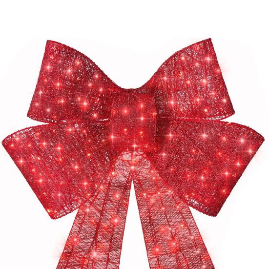 LED Sløyfedekorasjon Rød Nettlysende Sløyfelys med 50 Lys & 8 Lysmoduser Batteridrevne Lys for Utendørs Juledekor