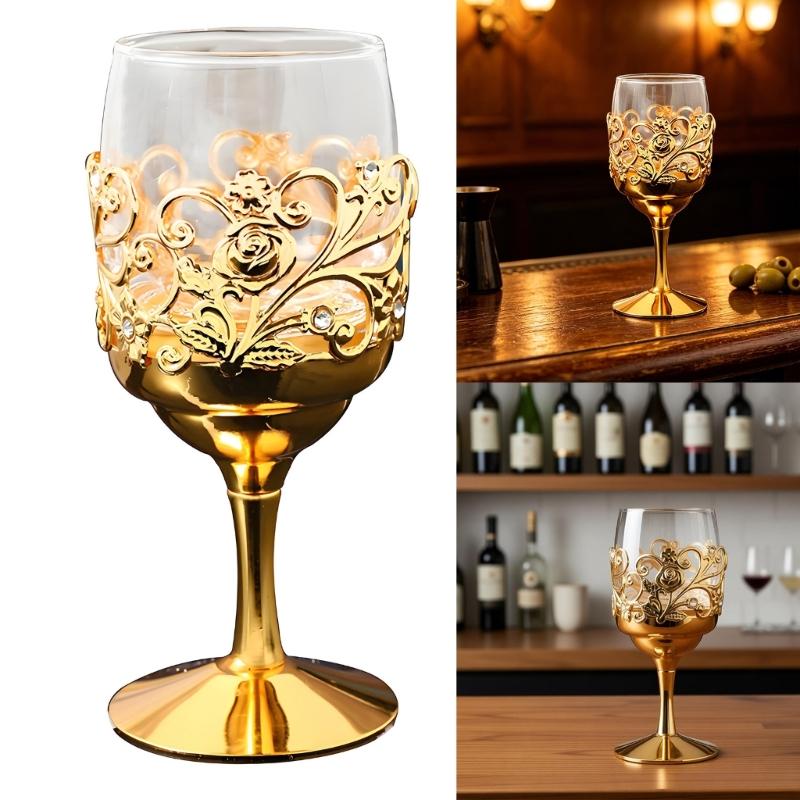 Handcrafted Iron Frame Glass Whiskeys Cup Ornamental Wine Goblet With Sturdy Metal Base For Dining Table