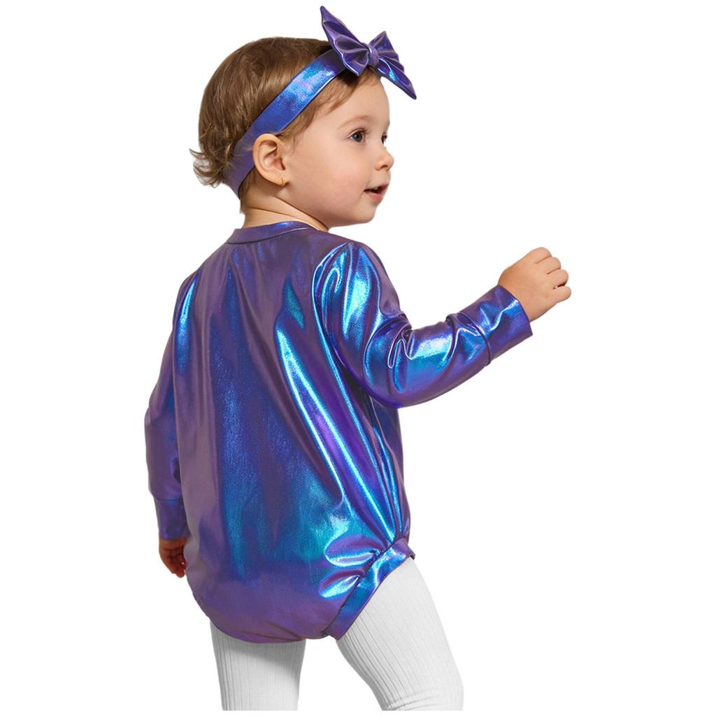 Tuta Fotografica per Compleanno Bambina Piccola: Completo Metallico Lucido a Maniche Lunghe con Bottoni a Pressione Facili e Set Fascia con Fiocco