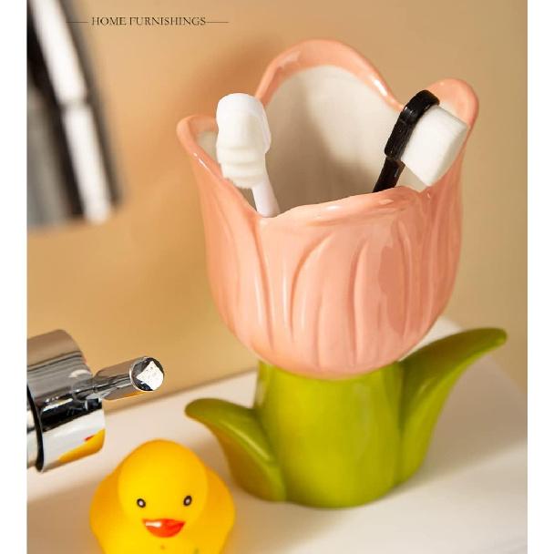 WAIT FLY Flower Shape Toothbrush Holder, Bathroom Decor-Pink-Tulip Toothbrush Holder