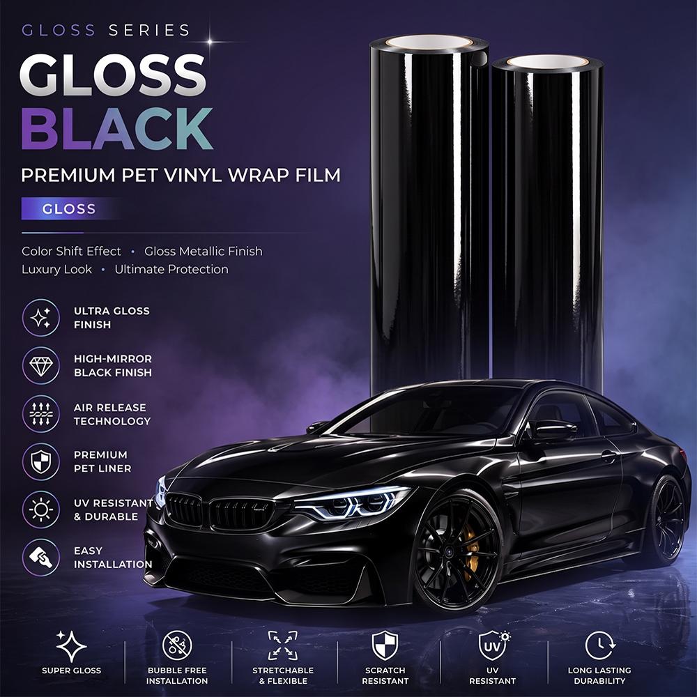 Premium Glossy Bright Black Self-adhesive Vinyl Car Wrap Film Vehicle Decal Paper Based Package Auto Decor Film Air Bubble Free