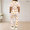 Women Plus Size White Printed Round Neck Short Sleeve Top Drawstring Cuffed Pants Two Piece Set With Pockets