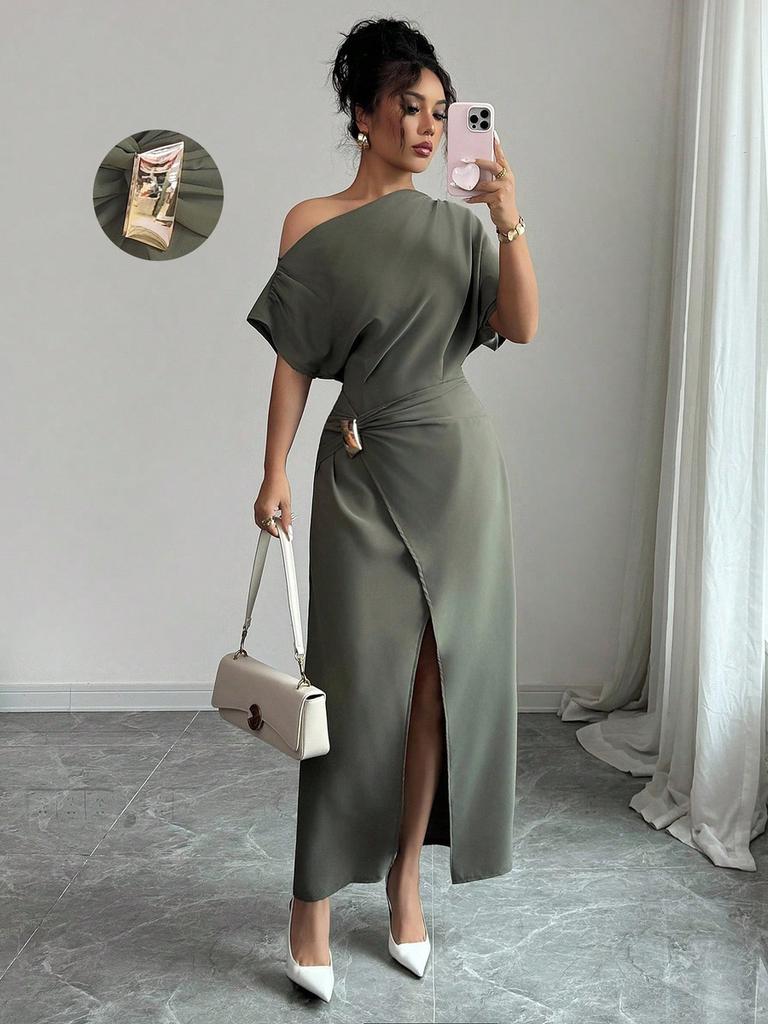 Summer Off-Shoulder Dress for Women, Solid Color Split Elegant Slim Fit Bodycon Maxi Dress