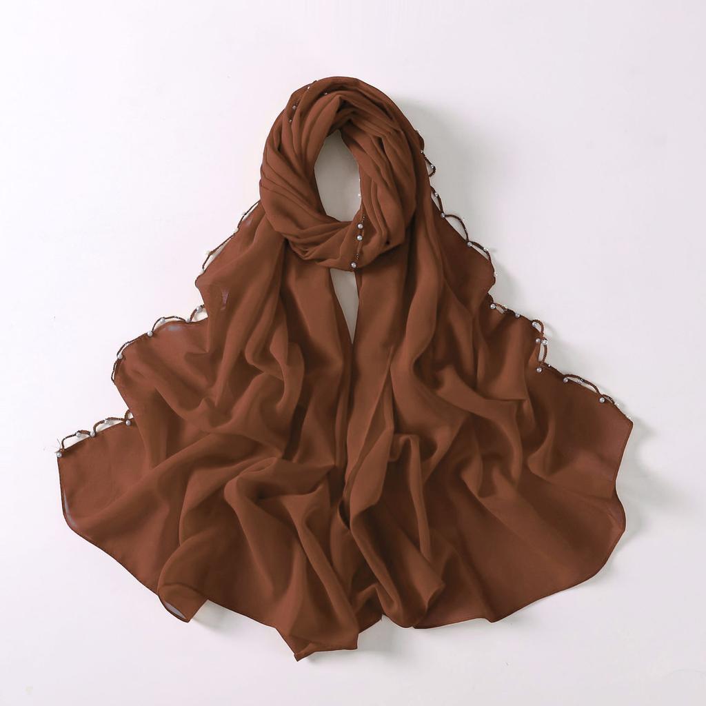 Pearl Edge Chiffon Hijab Scarf Women Muslim Long Shawl Soft Plain Head Wrap Beaded Border Lightweight Islamic Turban