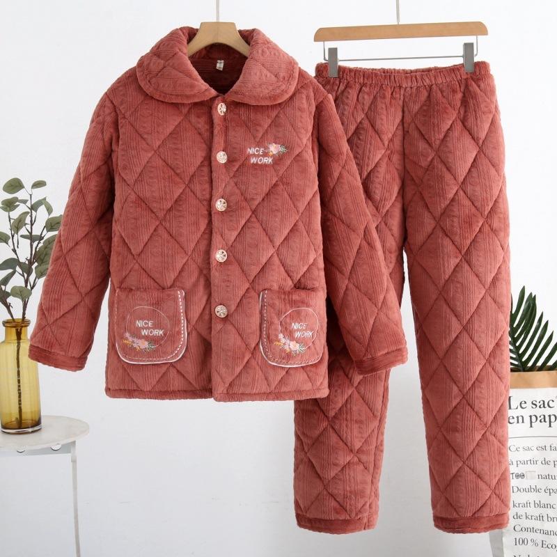 Three-layer Thickened Fleece Padded Pajamas Women's Winter Coral Fleece Extra Thick Hunan Loungewear
