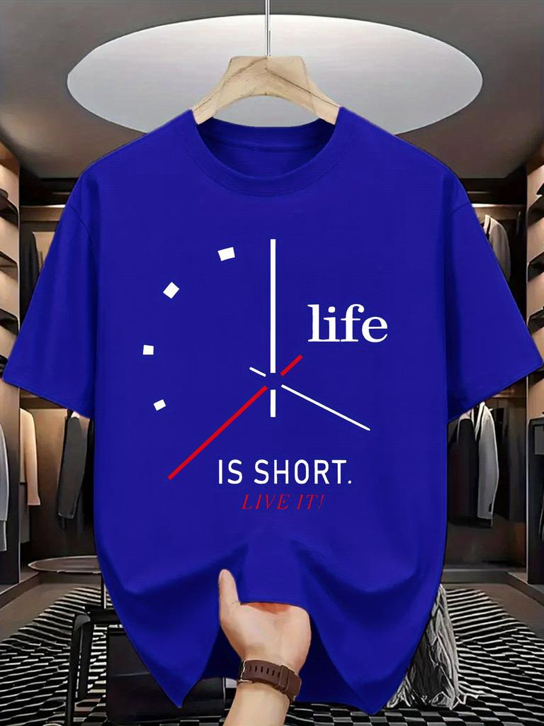 Unisex Crew Neck Tee Clock Life Short Quote Letter Graphic Print Soft Cotton Loose Short Sleeve Summer Casual Male Streetwear Tops