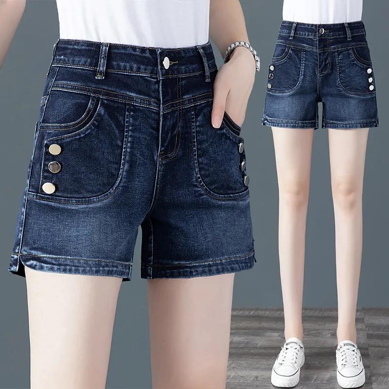 Fashion Denim Shorts Women's Summer Korean Embroidered Straight Leg Thin Elastic High Waist All-match Jeans Women