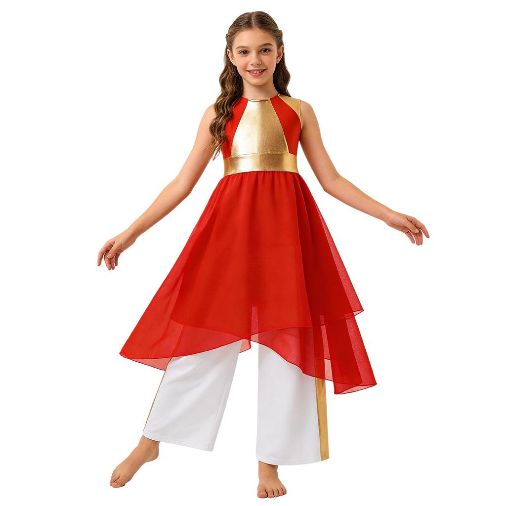 Girls Sleeveless Color Block Metallic Patchwork Dress Wide Leg Pants Praise Worship Dance Costume Set