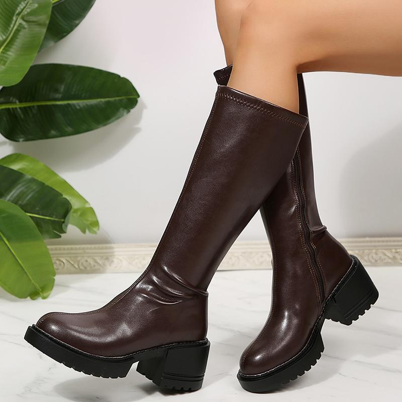 

Fashion Women s Knee High Boots Fashion Plus Size 35-42 Thick Heels Knight Boots Women 2025 Side Zipper Pu Leather Long Botas Mujer 35 темно-коричневого