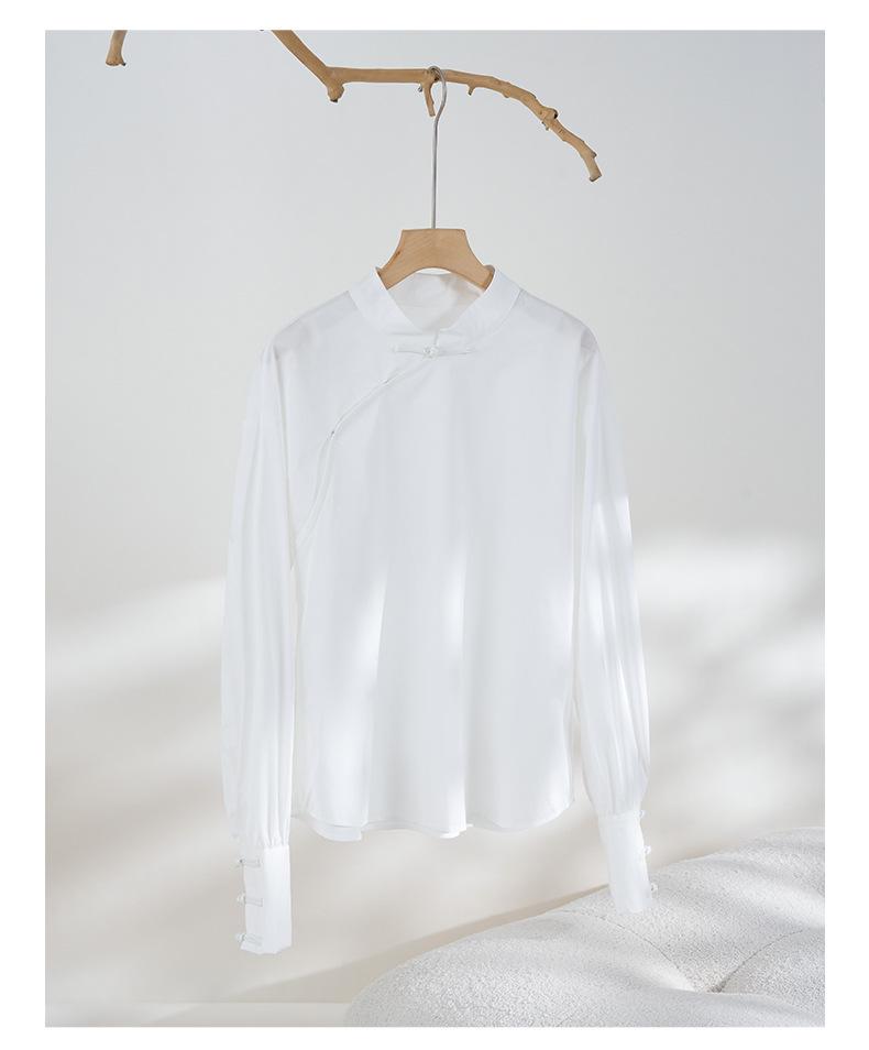 Rong Tai Women's 2026 White Puff Sleeve Stand Collar Shirt in Lightweight Chinese Style