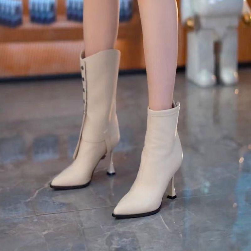 European and American Style Two Wear Pointed Rivets High Heel Medium Boots Women's 2025 Autumn and Winter New Fine Heel Fashion Martin Boots Women