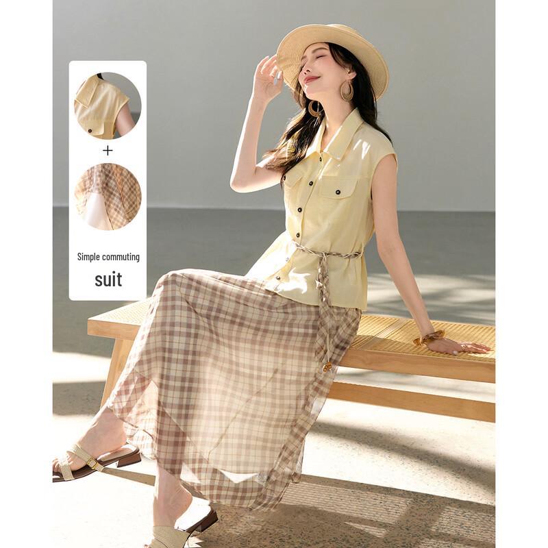 TERRE BLEUE Women s Short-Sleeve Shirt & Plaid Skirt Set M