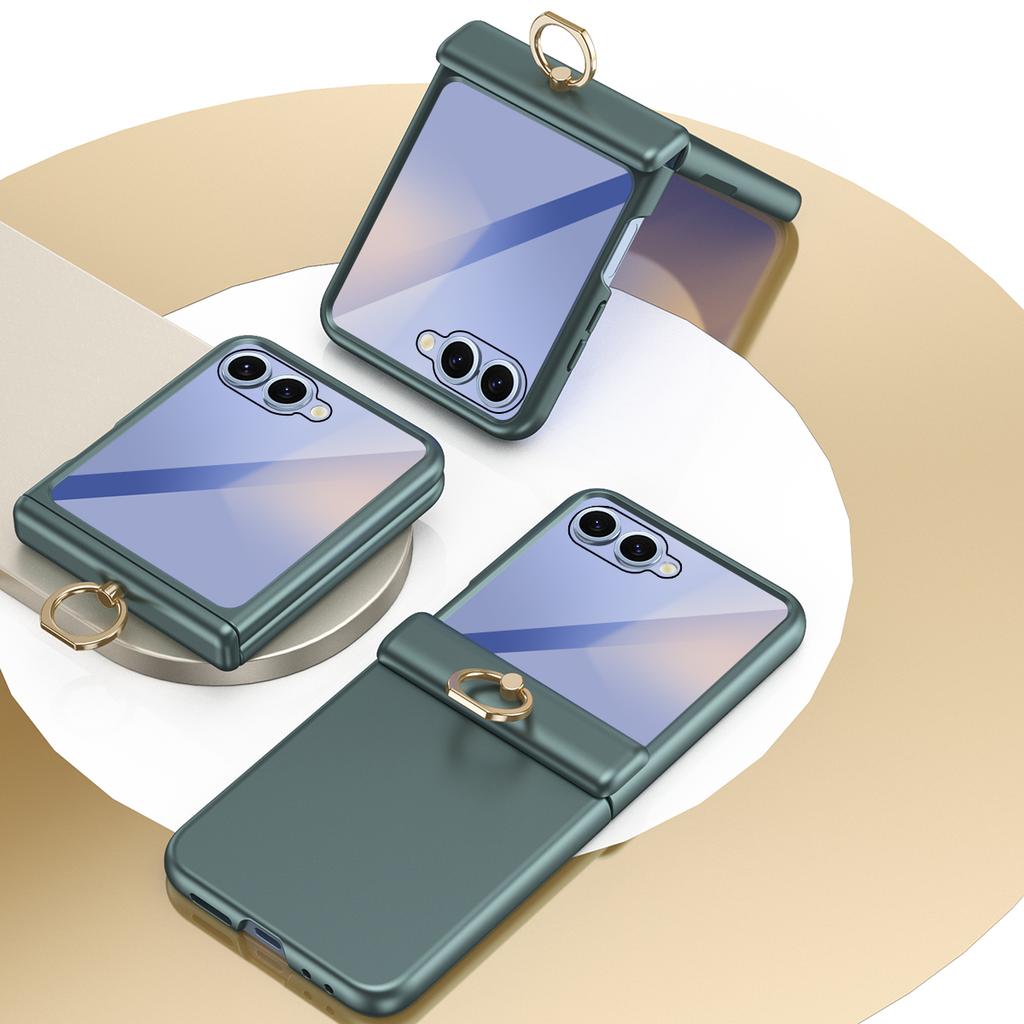For Samsung Galaxy Z Flip7 5G Case with Tempered Glass Film Ring Holder Kickstand PC Phone Cover
