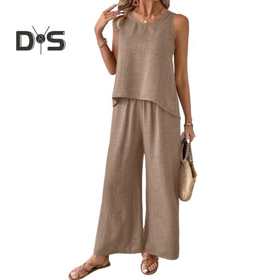 Zweiteiliges Lounge-Set für Damen, ärmellos, mit hohlem Rücken, Oberteil und weitem Bein, Hosen-Set, lässige Urlaubs- und Reise-Outfits