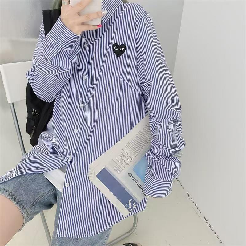 Japanese Heart Embroidered Striped Slim Fit Lapel Shirt - Versatile Long Sleeve for Spring & Autumn
