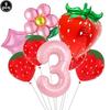 9pcs Strawberry Balloons Kits Birthday Decorations for Girls 32inch 0-9 Number Balloons for Strawberry Birthday Party Decors
