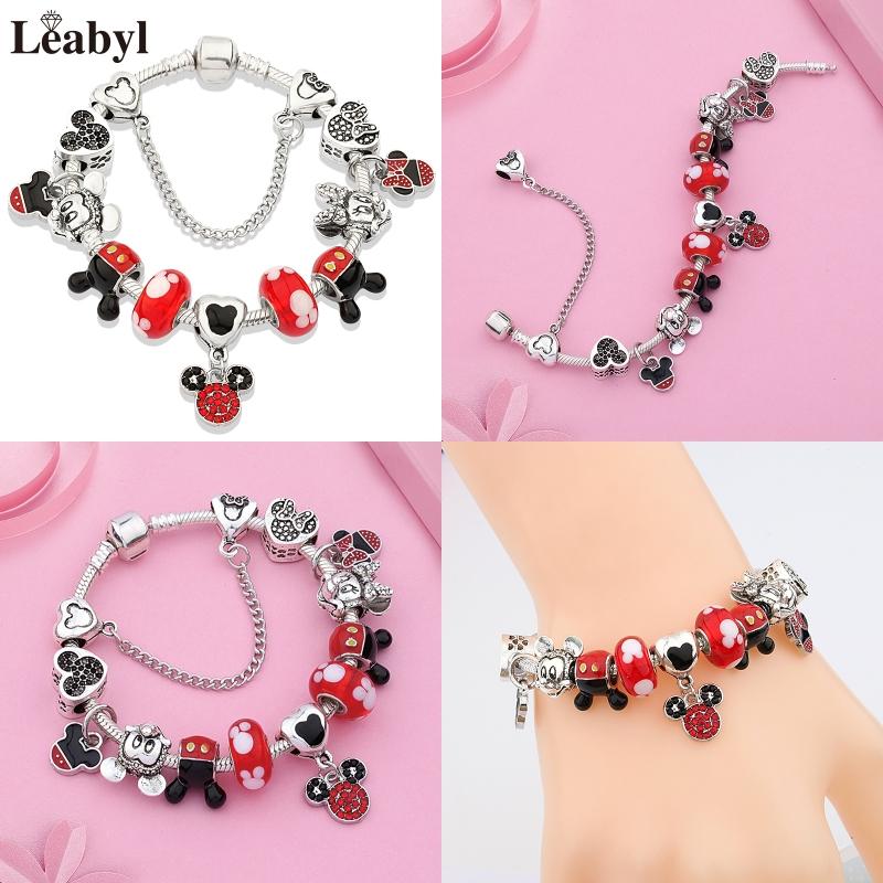 Potdemiel Pink Enamel Crystal Minnie Charm Bracelets Silver Color Heart Cartoon Bead Jewelry for Women Girl Gift