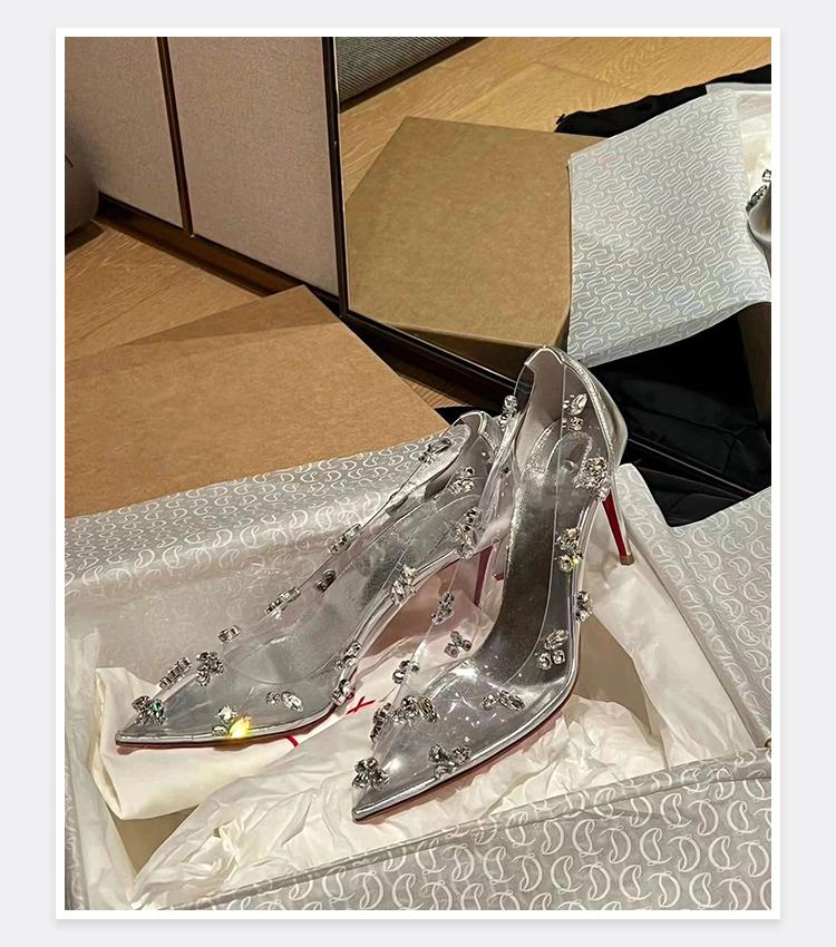 Transparent Rhinestone Shoes 2024 New Sexy Banquet Women Pointed Thin Heel Crystal Wedding Shoes