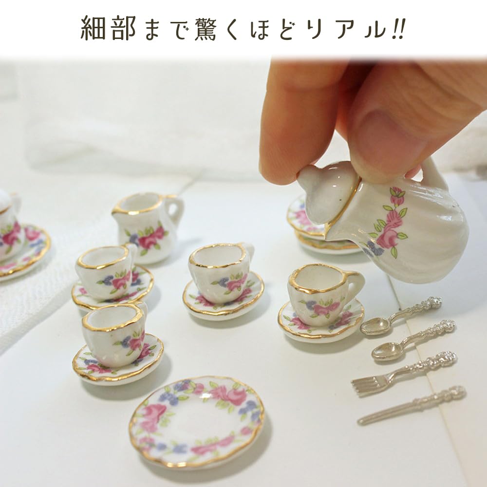 moin moin scale miniature dollhouse tableware set of 15 ceramic and polka dots in blue and light Includes tea and coffee and Perfect for dolls and