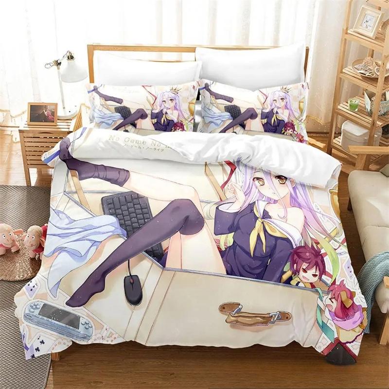 3D-Bettwäscheset „No Game No Life“ für Anime, Bettbezug, Bettgarnitur, Steppdecke, Kissenbezug, King-Size-Bett, Queen-Size-Bett, Twin-Size-Bett, Jungen, Mädchen, Erwachsene