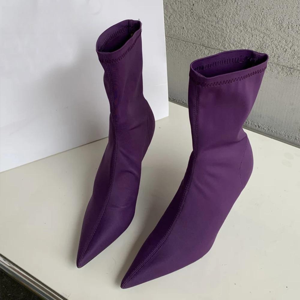 Stivali alla caviglia da donna in tessuto elasticizzato Autunno Primavera Punta appuntita sexy Tacco alto Moda Calzini da donna Scarpe con tacco a spillo