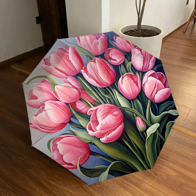 

1pc Pink Tulips Automatic Open/Close Umbrella, Halloween & Gifts - Ideal for Daily, Formal, Party Use, Durable Canopy yy251011026