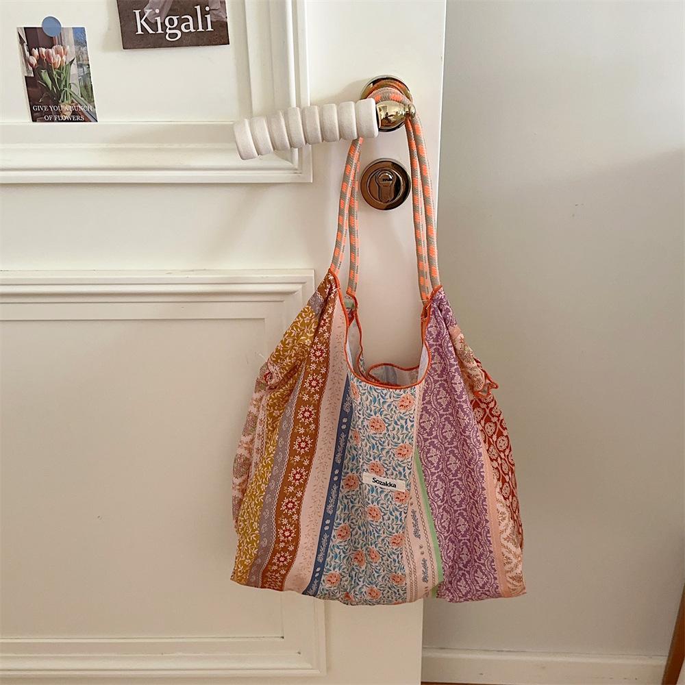 Hanfeng Summer Largecapacity Hand Carry Shoulder Bag Drawstring Shopping Bag Fresh Floral Tote Bag Underarm Bag
