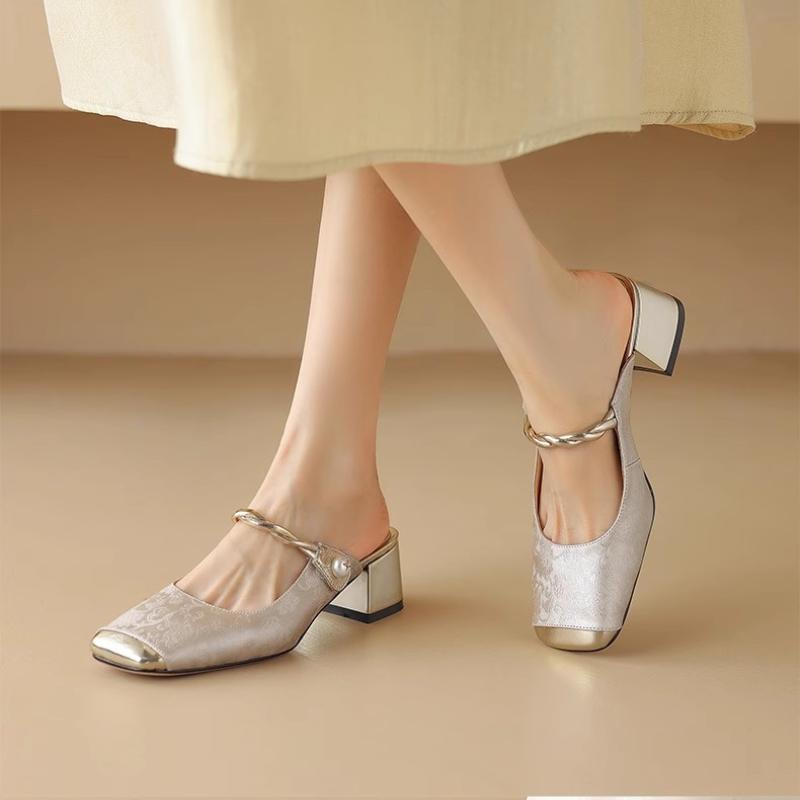 Fashion Women Baotou Half Slippers Summer Luxurious Elegant Artificial Leather Barefoot Print Women Outdoor Fashion Low Heel Slippers