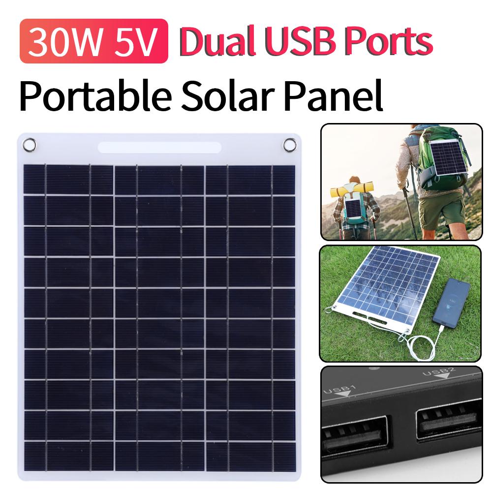 30W 5V Portable Solar Panel Polysilicon Solar Charging Outdoor Waterproof Solar Charger Dual USB Ports for 3.6V-5V Battery/Phone