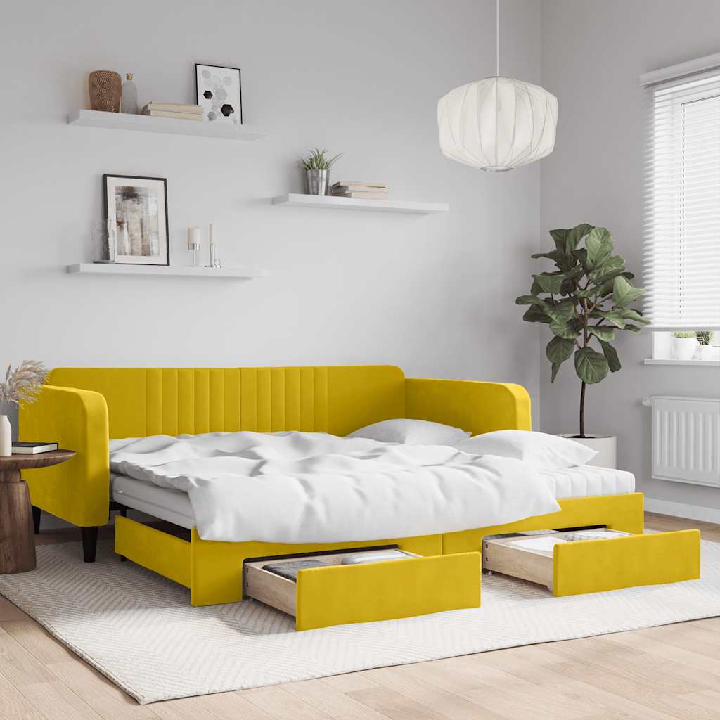 Extendable Daybed with Drawers Yellow 100x200 Cm Velvet