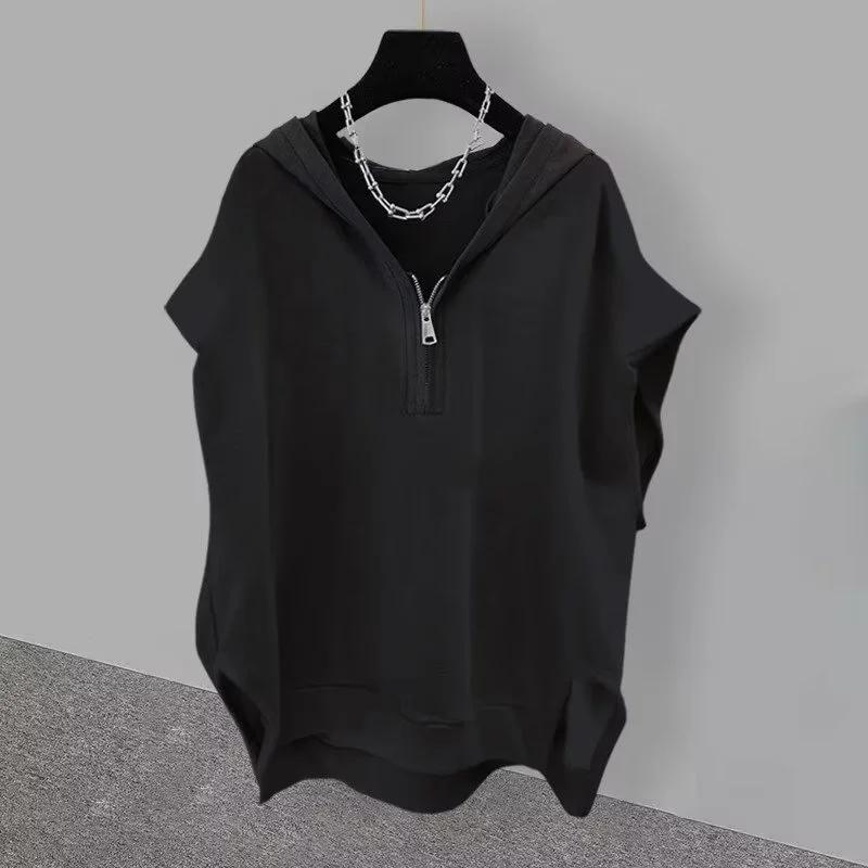 

Summer Zipper Hooded Sleeveless T-shirt Men s Korean Tank Tops Y2K Streetwear Casual Vests Hip Hop Tee Shirts XXXL чорний