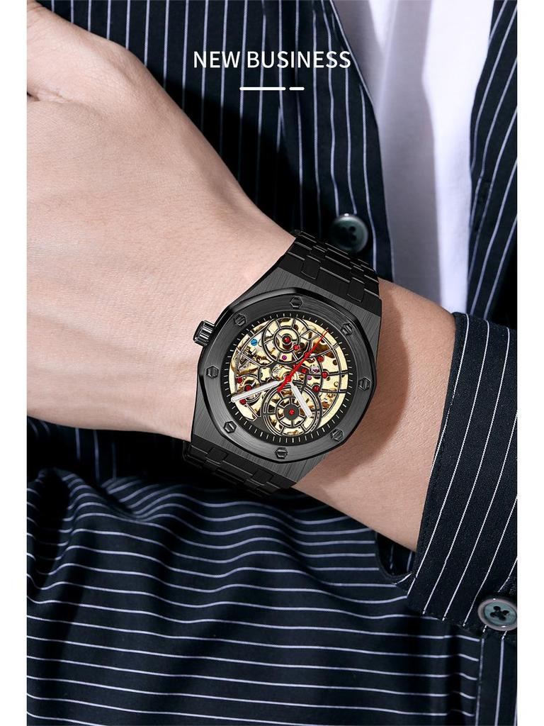 Men's Luxury Stainless Steel Skeleton Mechanical Watch with Large Dial, Fully Automatic Design