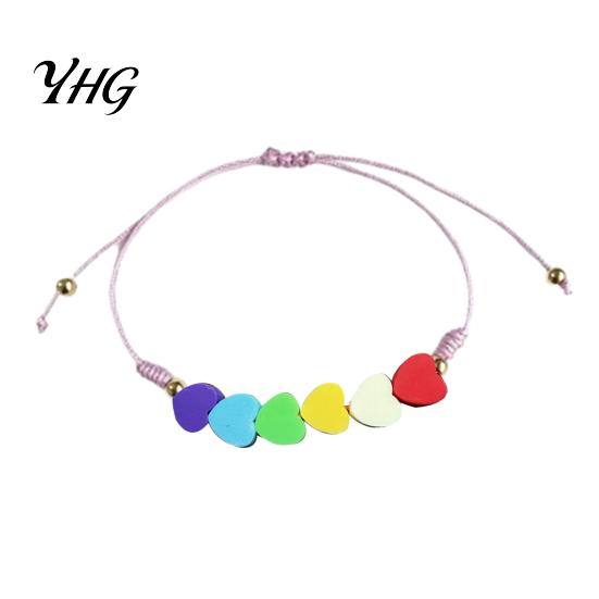 Cute Layered Cord Jewelry Colorful Hearts Bracelet, Handmade Braided String Adjustable Daily Wear Heart Shaped Clay Beads for Women Girls Lightweight