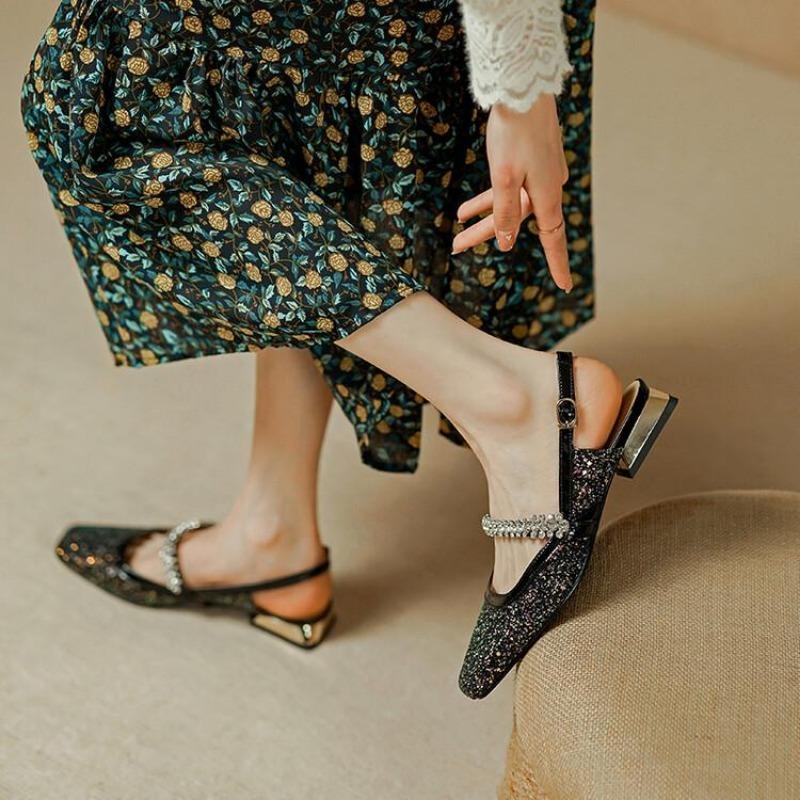 Fashion French Rhinestone Sequin Crystal Shoes Women Square Toe Mary Jane's Baotou Sandals Buckle Belt Thick Low Heels Slingback Sandal