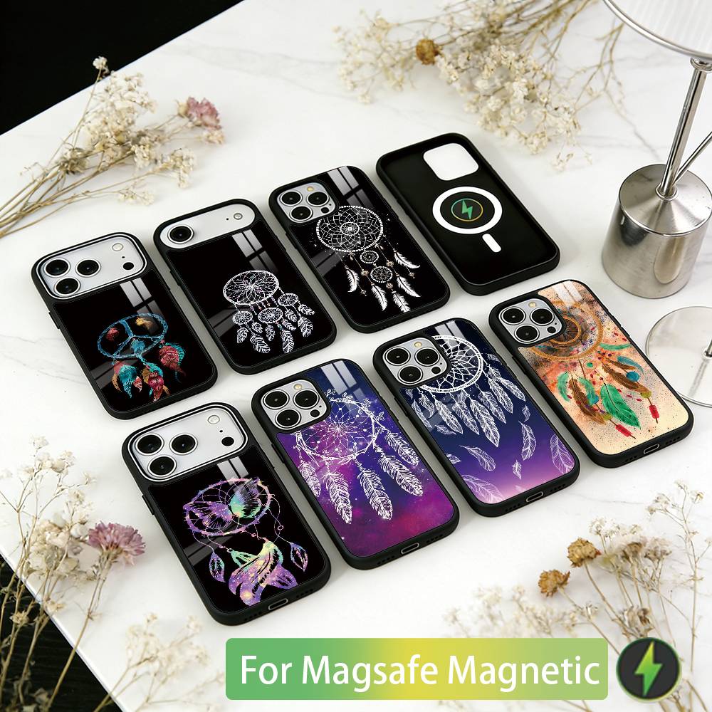 Dreamcatcher Feather Phone Case For iPhone17,16,15,14,13,12,11 Plus,Pro Magnetic For Magsafe Wireless Charging