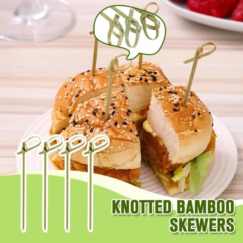 100pcs Disposable Bamboo Knot Skewers Cocktail Picks with Twisted Ends for Snacks Club Sandwiches  Party Barbeque forks