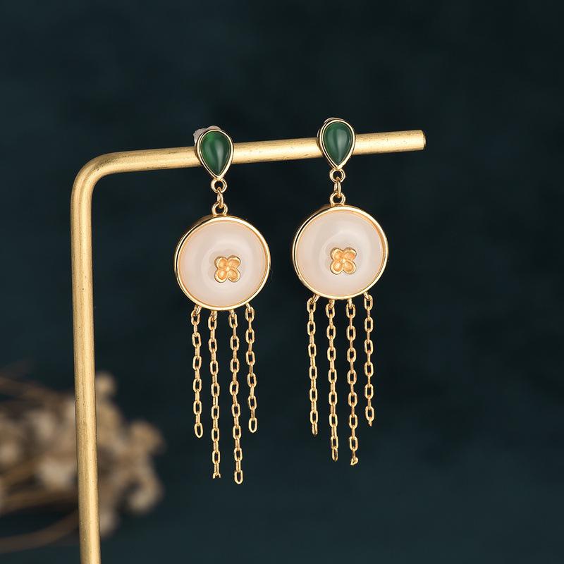2022 Summer Palace Style Hetian Jade Long Tassel Earrings for Women - Perfect Hanfu Costume Accessory.